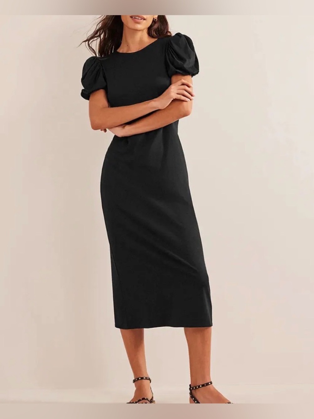 Boden Black Puff Sleeve Jersey Midi Dress US 8 R • Chic LBD